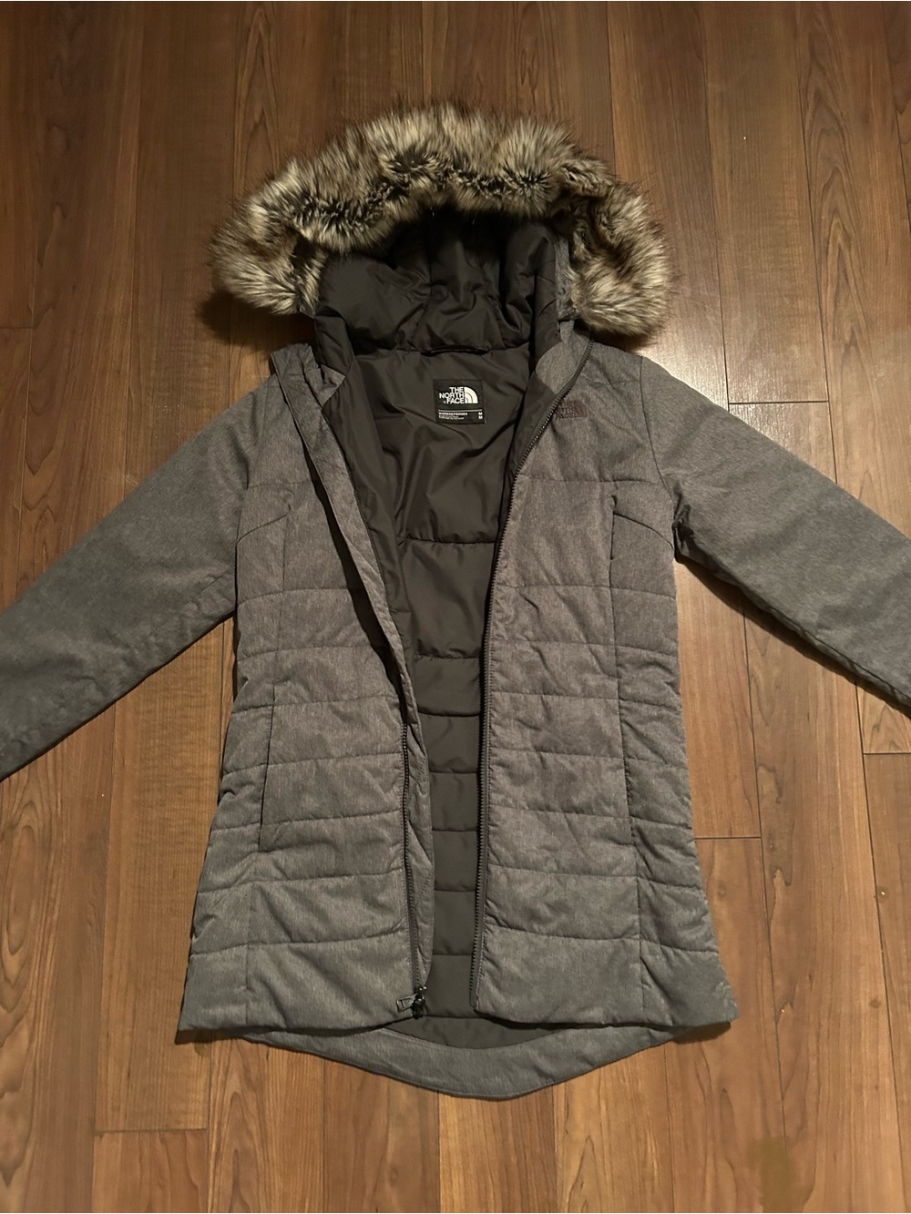 The North Face Women's Gray Quilted Puffer Parka with Faux Fur Hood